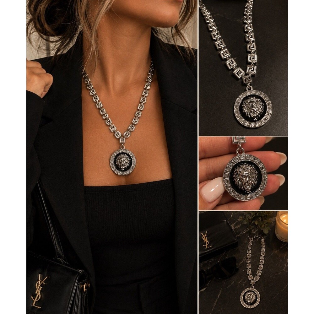 Silver Tone Greek Meander Link Necklace with Black Lion Medallion Pendant Charm